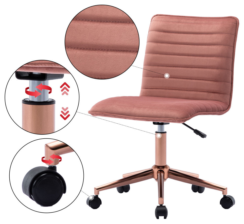 Horizontal Stitching Armless Swivel Task Chair, Pink Velvet