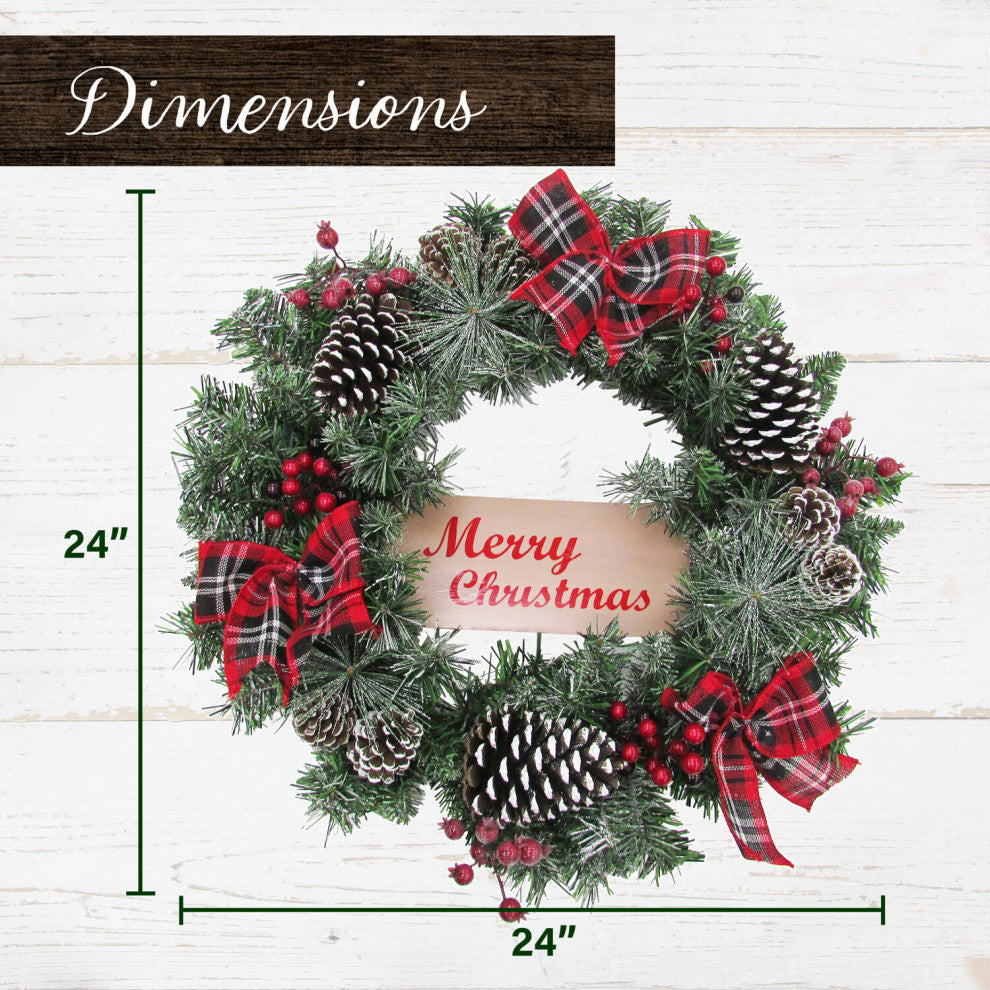 24" Christmas Frosted Wreath With Pinecones, Berries and Plaid Bows