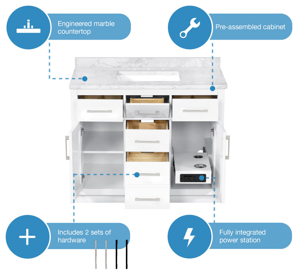 The Hudson Bathroom Vanity, White, 42", Single Sink, Freestanding