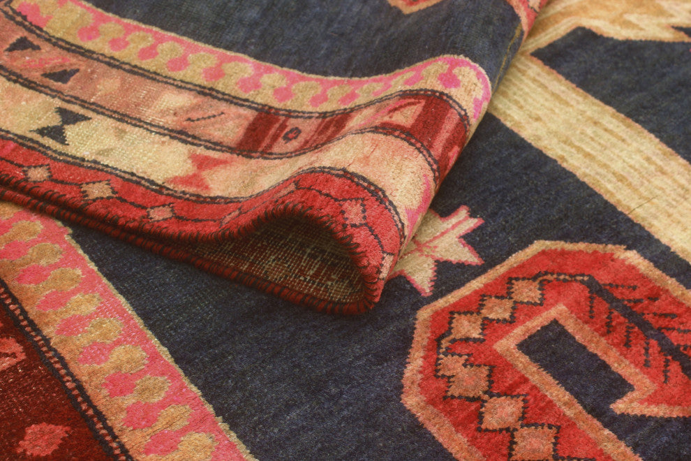Fine Vintage Distressed Beheshta Navy/Burgundy Runner, 4'0x9'4