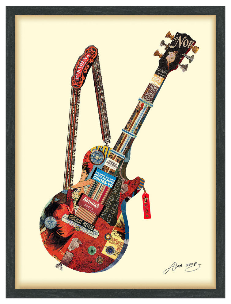 Electric Guitar Hand Made Dimensional Collage Framed Wall Art Under Glass