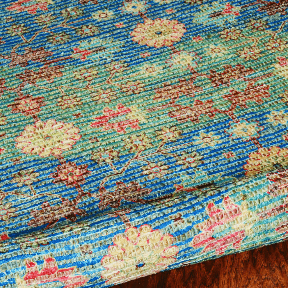 7' X 9' Blue and Red Floral Medallion Hand Woven Area Rug