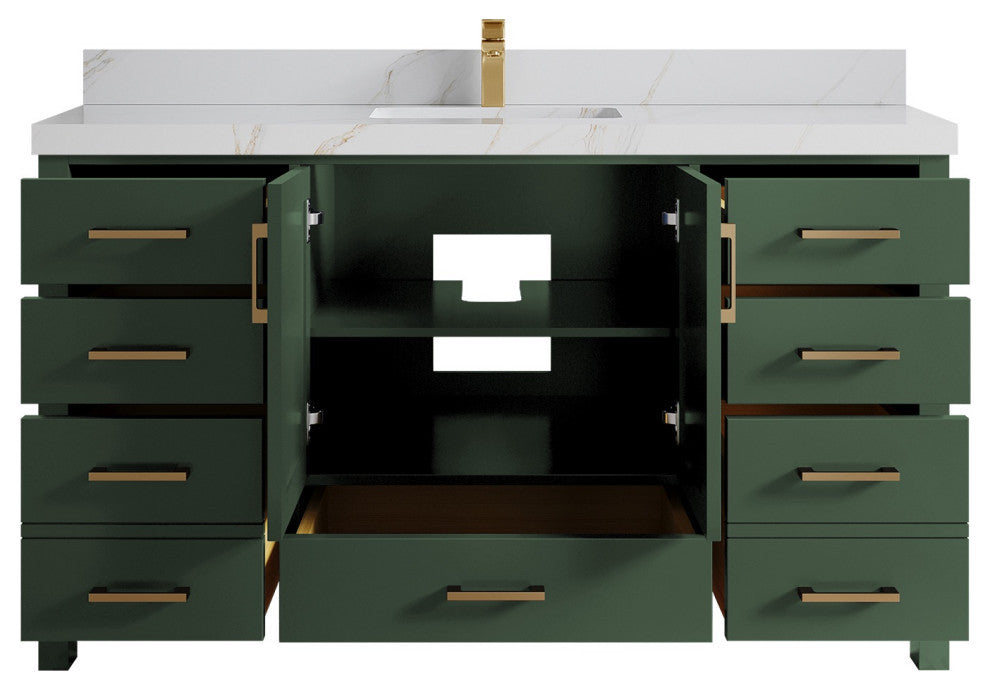 Malibu 60 Single Sink Bathroom Vanity in Lafayette Green 2" Calacatta Sienna