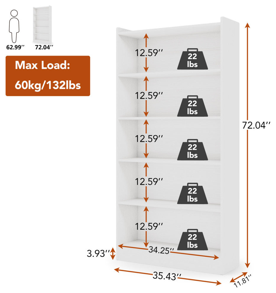 72" Tall Bookcase, 6-Tier White Bookshelf