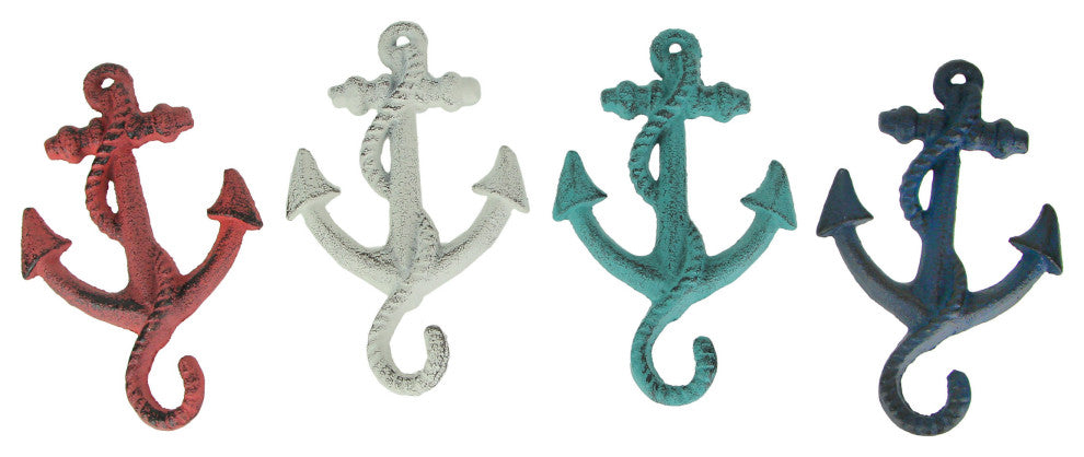 Set of 4 Cast Iron Ship Anchor Coat Hooks Decorative Hanger Coastal Wall Decor
