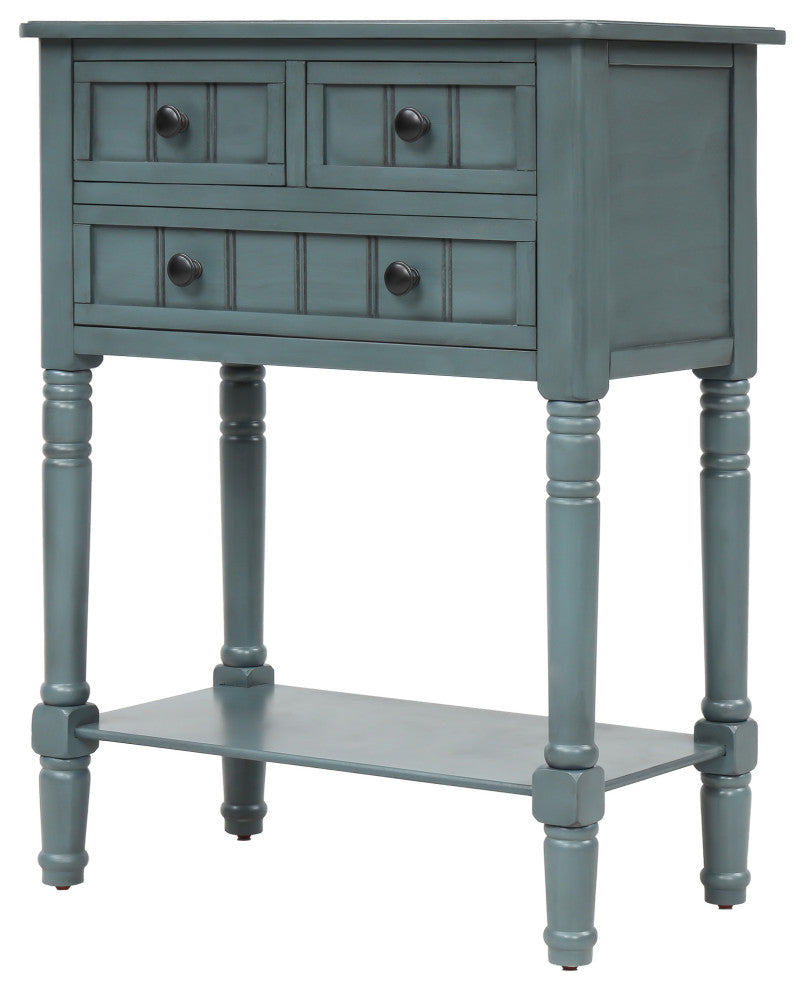 Narrow Console Table with Three Storage Drawers, Navy
