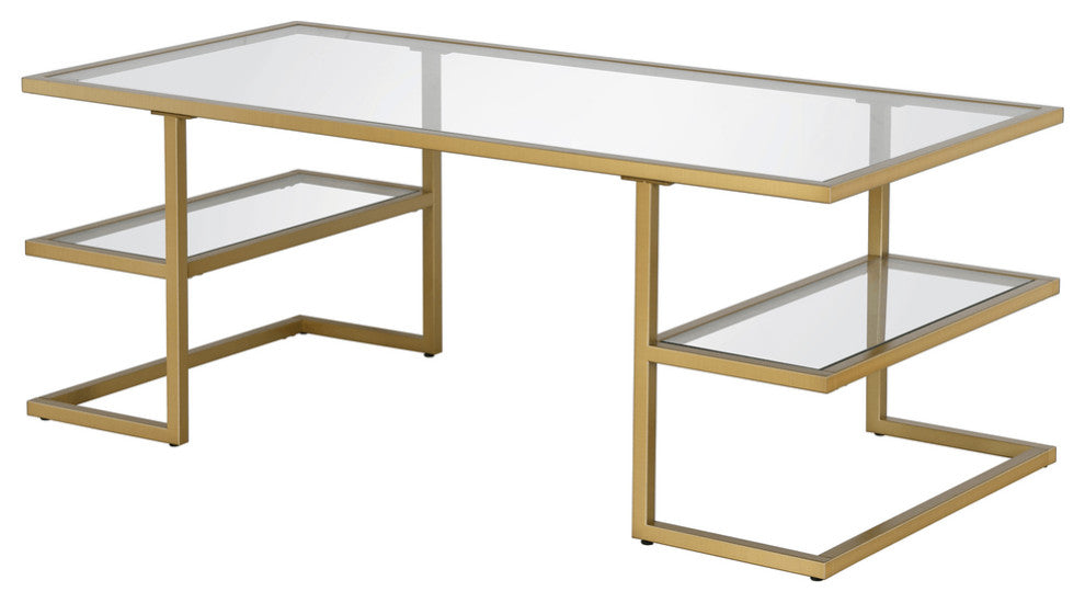 47" Gold Glass And Steel Coffee Table With Two Shelves