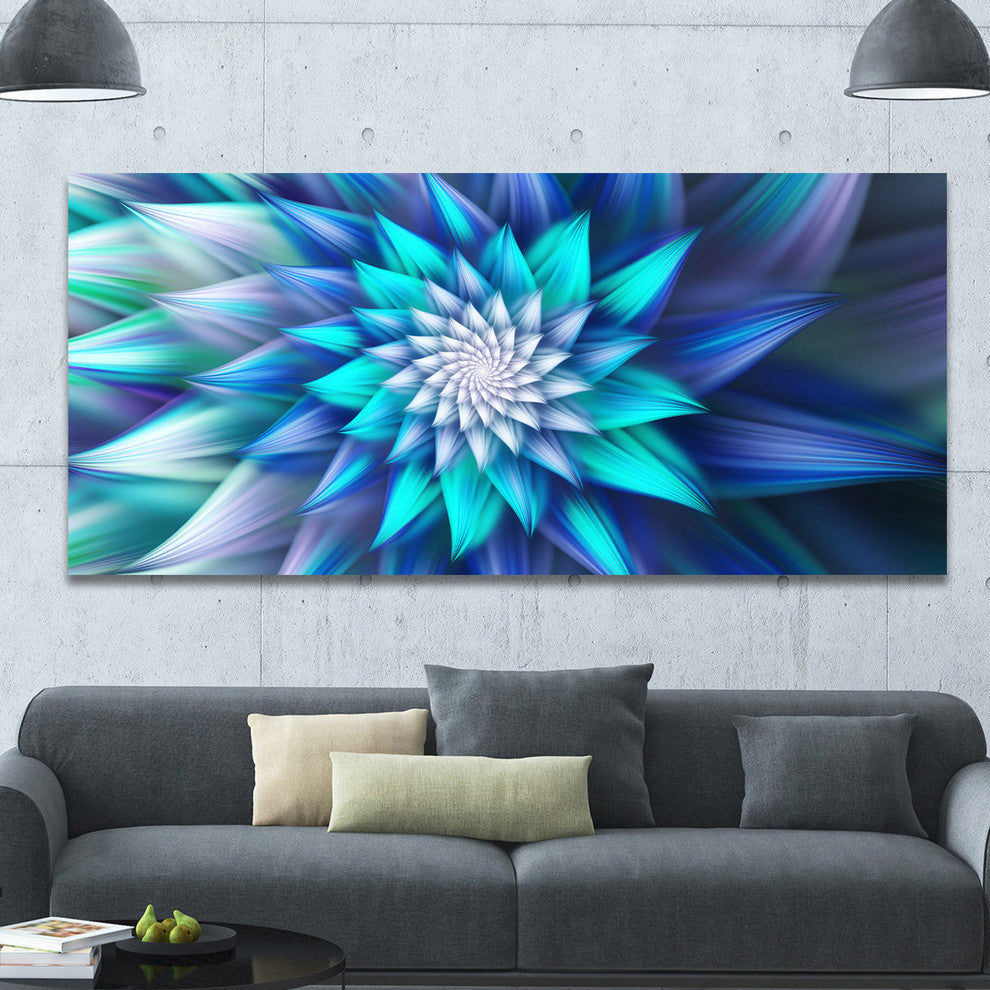 Large Blue Alien Fractal Flower, Large Floral Canvas Art Print, 60"x28"