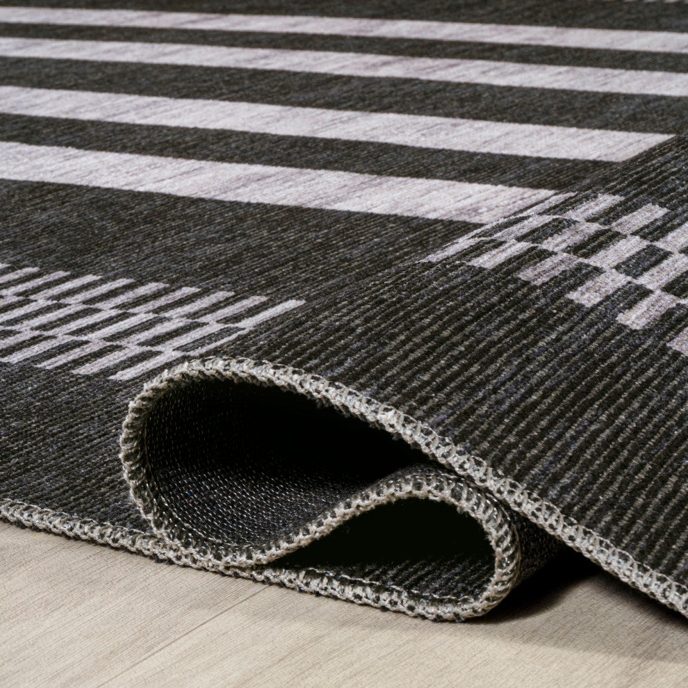 Vichy Geometric Striped Machine-Washable Area Rug, Black/Ivory, 8x10