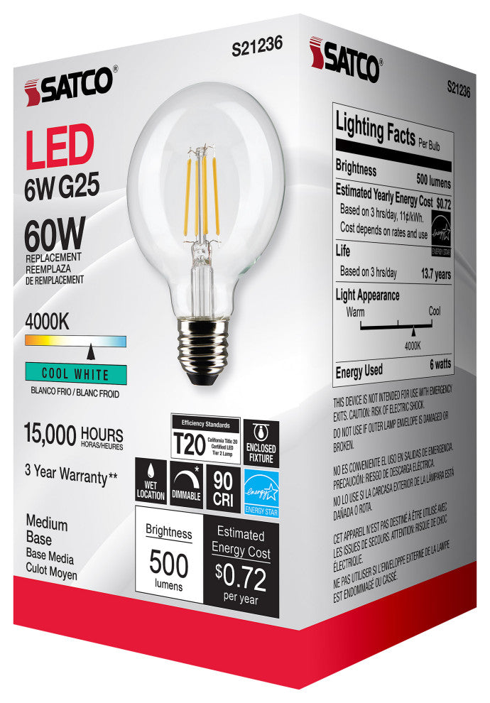 6W G25 LED, Clear, Medium Base, 90 CRI, 4000K, 120V