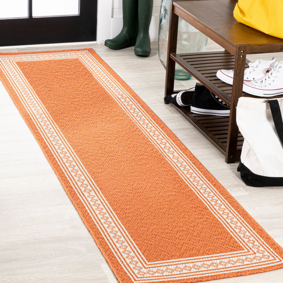 Lucia Classic Diamond Border Indoor/Outdoor Area Rug, Orange/Cream, 2x8