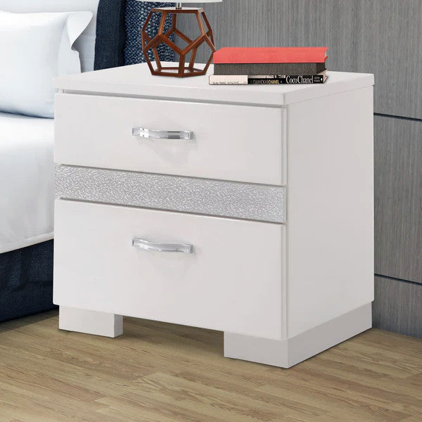 Benzara BM185468 Nightstand 3 Center Metal Glide Drawers In White Gloss Finish