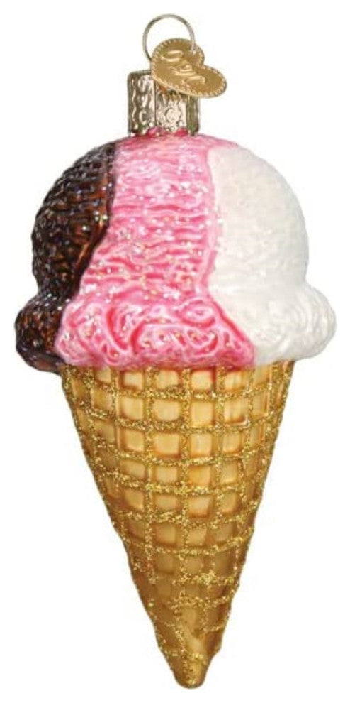 Old World Christmas Glass Blown Christmas Ornament, Neapolitan Ice Cream Cone