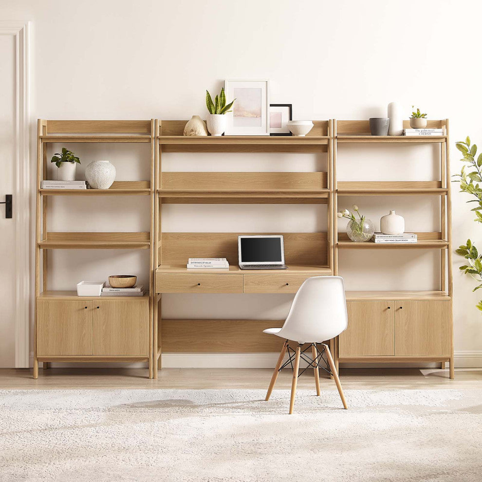 Bixby 3-Piece Wood Office Desk and Bookshelf, Oak