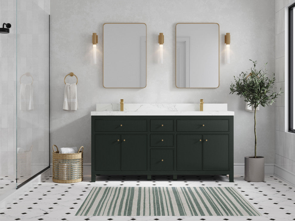 Sonoma 72 Double Sink Reeded Bath Vanity in Dark Forest Green 2" Calacatta Nuvo