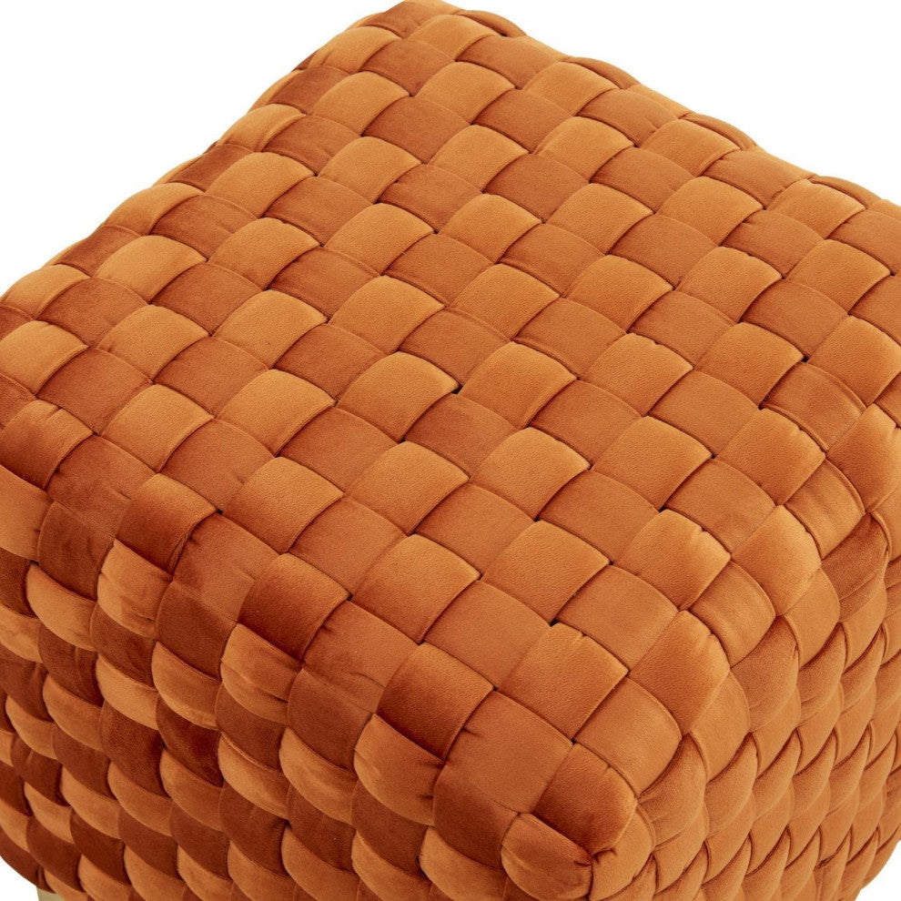 Myrtle 19" Square Weave Design Velvet Ottoman With Gold Base Orange Marmalade