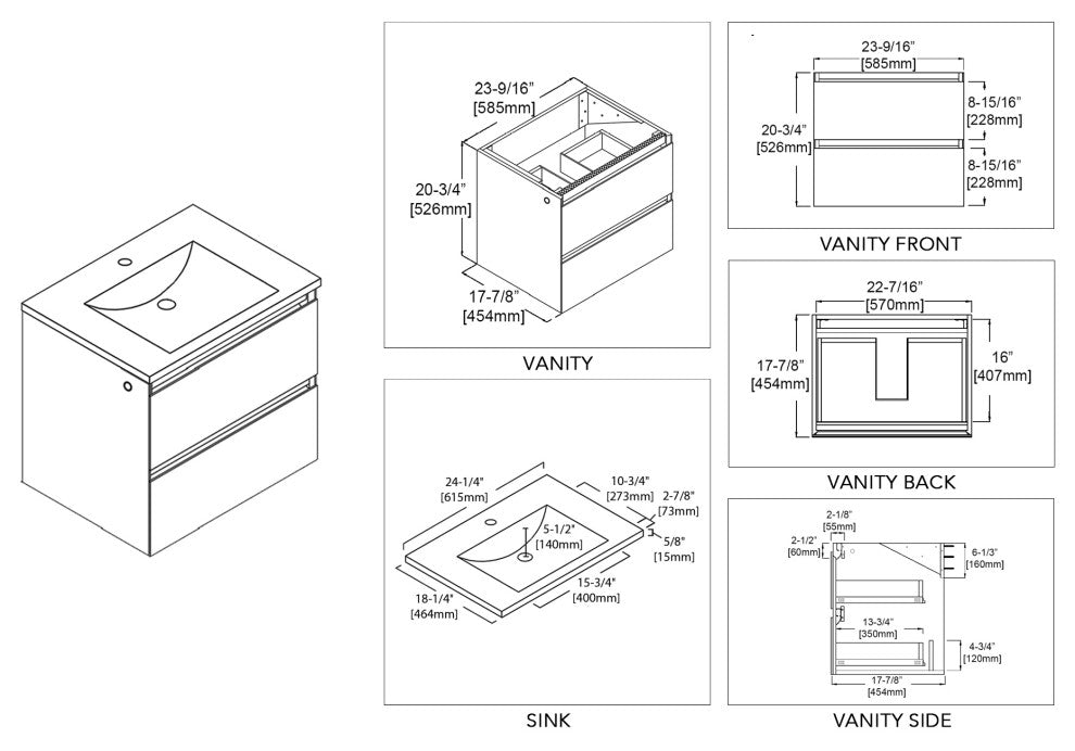 LED Lighted Bathroom Vanity With Ceramic Sink and Dimmed Light, Calacatta White, 24"
