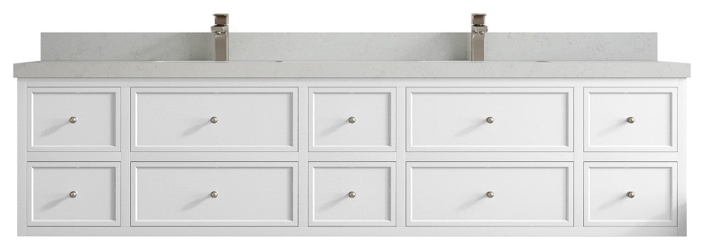 Roswell Floating 84" Double Sink Bath Vanity, White 2" Carrara Quartz