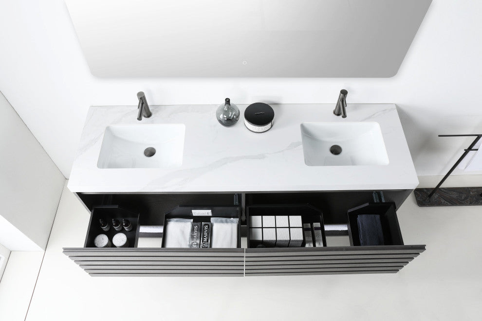 Matera Wall Mount Modern Bathroom Vanity, Charcoal, 72", White Countertop