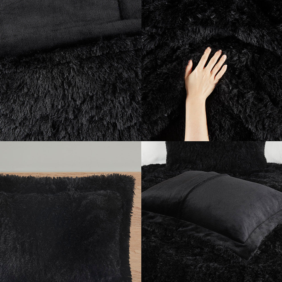 Intelligent Design Malea Shaggy Long Fur Comforter Mini Set, Black