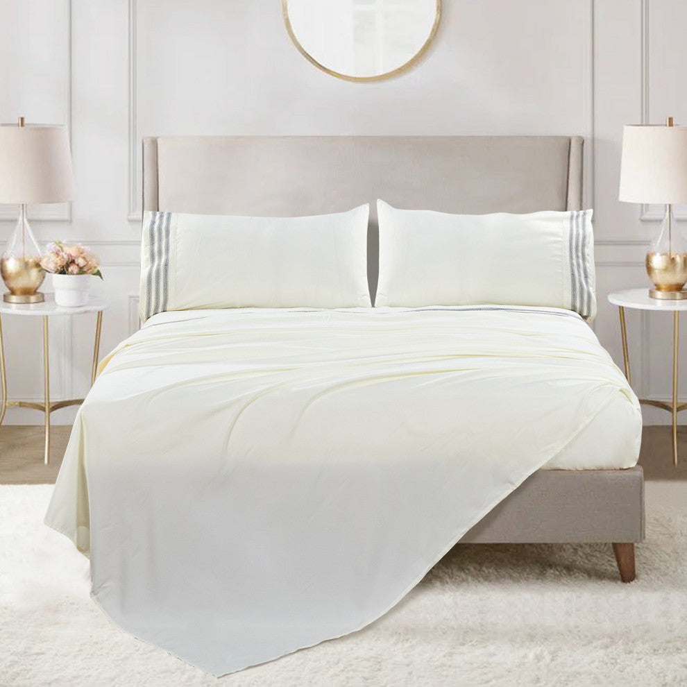 Serenta Trois Embroidered 4 Piece Bed Sheet Set, Ivory, Twin