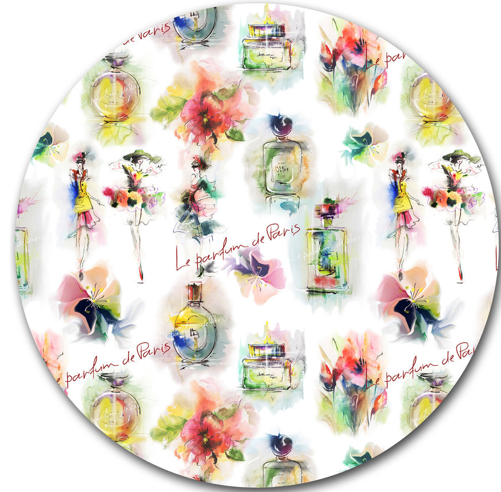 Perfume Bottles And Flowers, Digital Round Wall Art, 11"