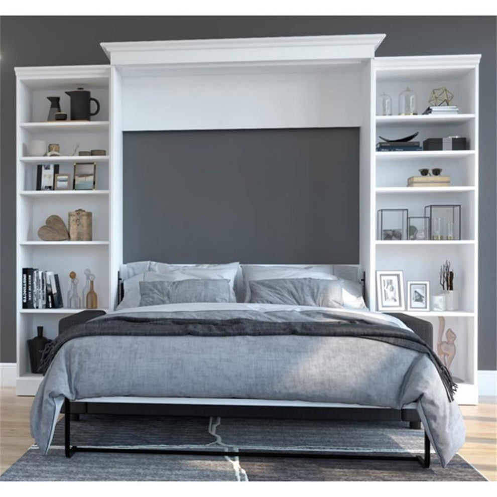 Atlin Designs Wood Queen Murphy Bed with Sofa & Organizers in White/Gray