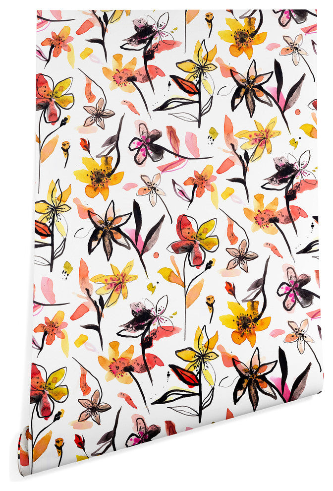 Deny Designs Ninola Design Yellow Ink Flowers Wallpaper, White, 2'x4'