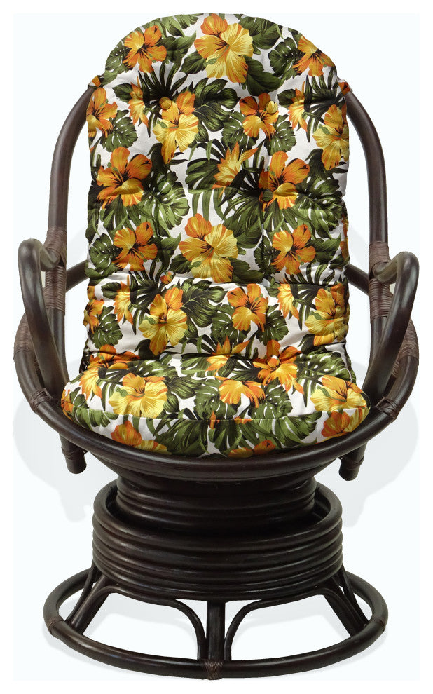 Java Lounge Swivel Rocking Chair Rattan Wicker, Dark Brown, Floral Cushion