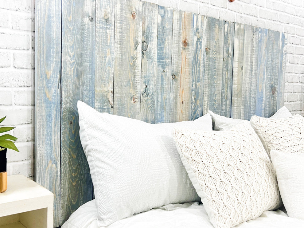 Solid Wood Headboard with Smooth Natural Wood Grain, Wall Mounted, Farmhouse, Blue Powderwash, Queen