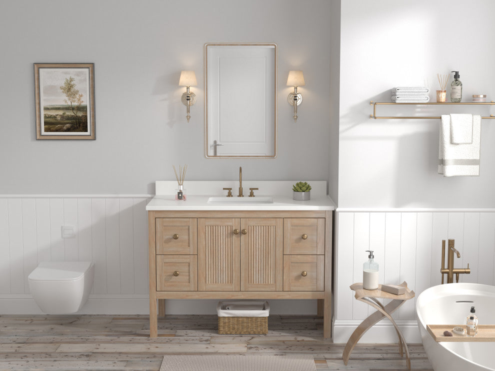 Modern Light Oak Sera Bathroom Vanity With White Quartz Top, 48" Single Sink