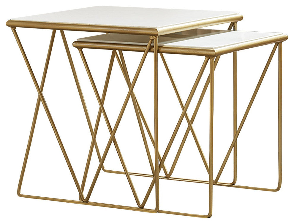 2 Piece Nesting Table Set, White And Gold