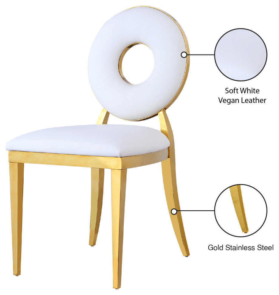 Carousel Upholstered Dining Chair, Set of 2, White Vegan Leather, Gold Finish