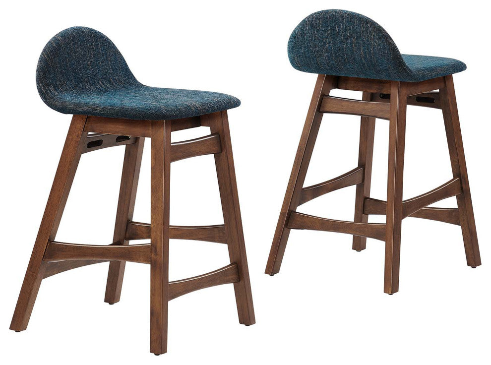 Juno Wood Counter Stool, Set of 2, Navy Fabric