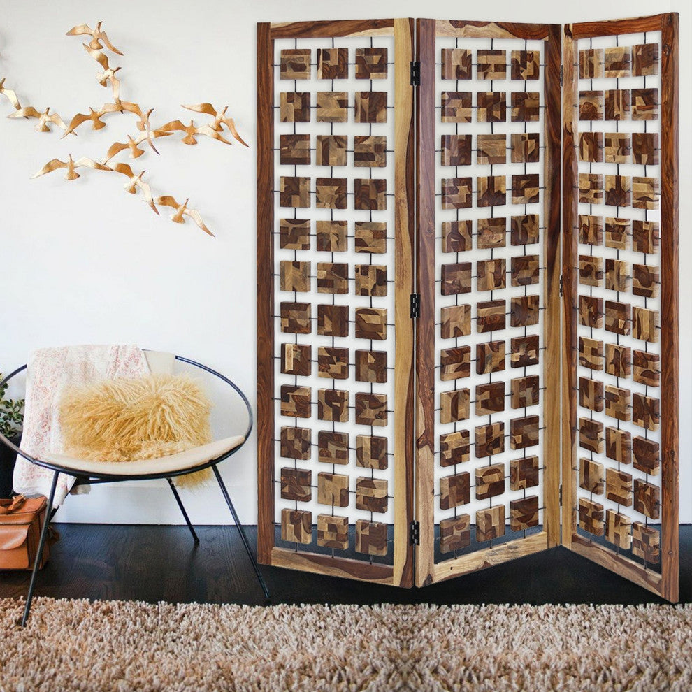 HomeRoots Contemporary Wood Squares 3 Panel Room Divider Screen