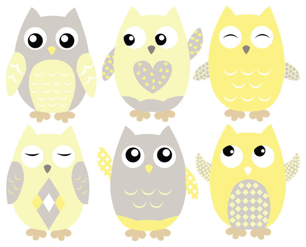 Owls Fabric Wall Decals, Set of 6, Yellow, 8" Tall