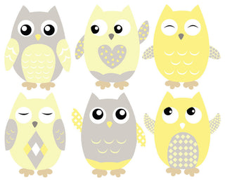 Owls Fabric Wall Decals, Set of 6, Yellow, 8" Tall
