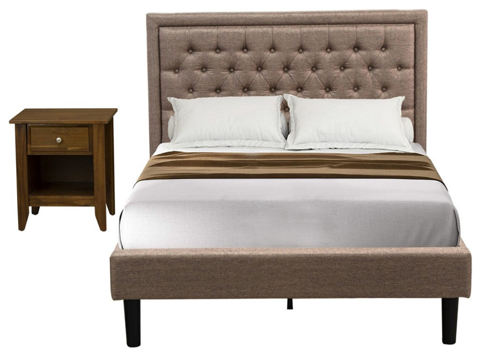 2Pc Full Size Bed Set, 1 Platform Bed Dark Khaki, 1 Wood Night Stand