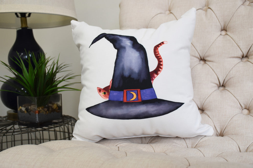 Cat Behind the Hat 18" Cream Halloween Print Decorative Throw Pillow