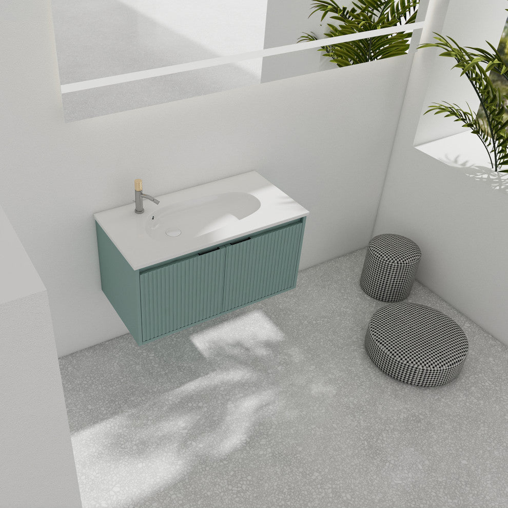 36" Plywood Wall Mounted Bath Vanity Set, Drop-Shaped Resin Sink