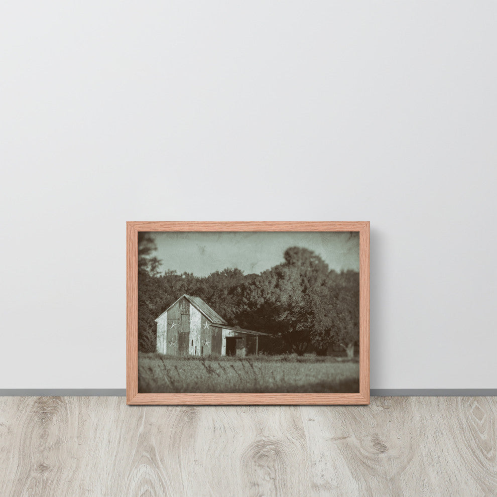 Patriotic Barn in Field Vintage Black and White Framed Photo Wall Art Print, Red Oak, 12" X 16"