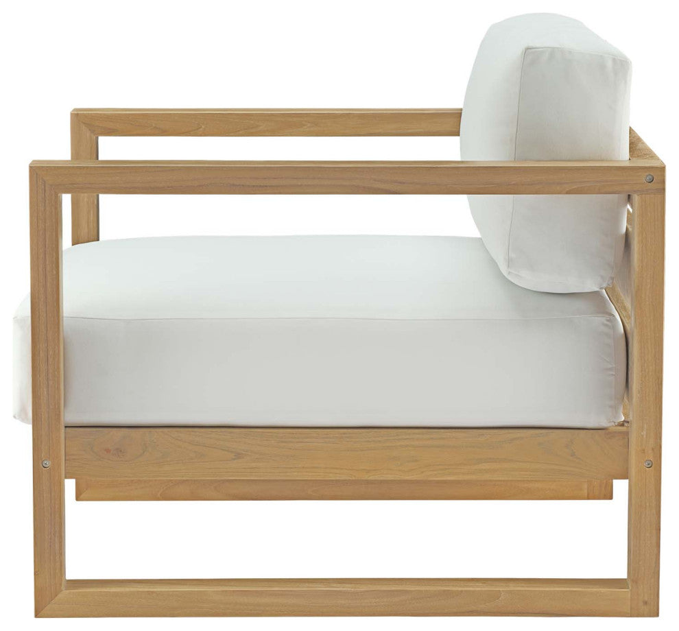 Sectional Sofa Chair Table Set, White Natural, Teak Wood, Modern, Outdoor Patio