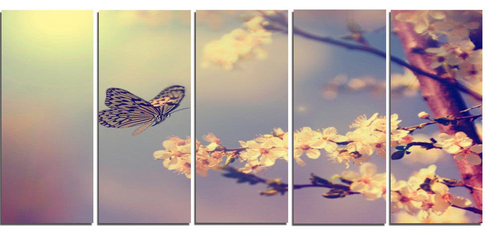 Vintage Butterfly with Flowers, Large Floral Canvas Art Print, 60"x28", 5 Panels