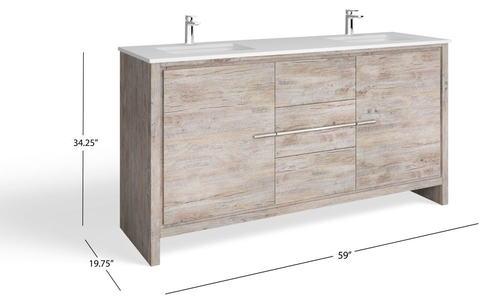 Esconde Bath Vanity, Natural Wood, 60", Double Sink, Freestanding