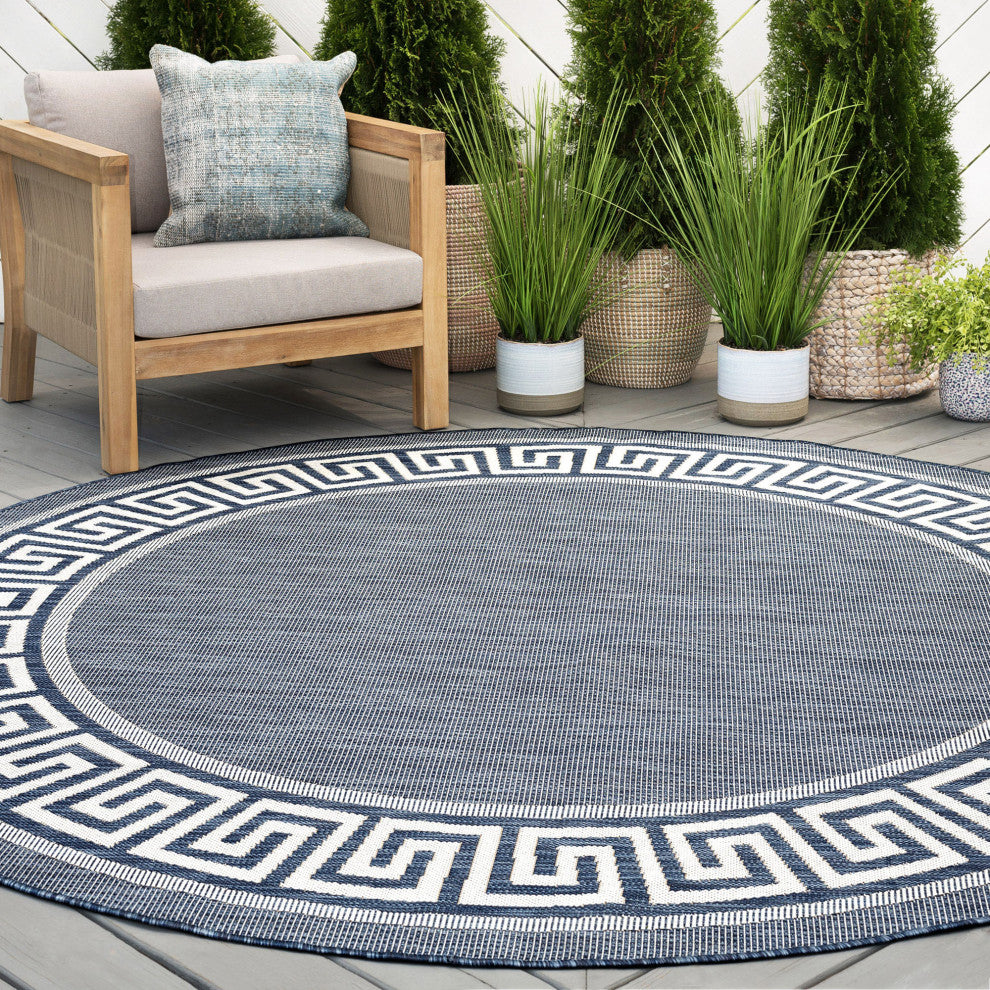 Giovanna Transitional Greek Key Navy/Cream Round Indoor/Outdoor Area Rug, 8'