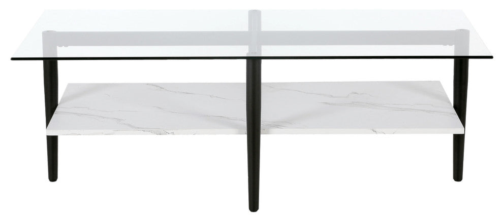 47" Black Glass And Steel Coffee Table With Shelf