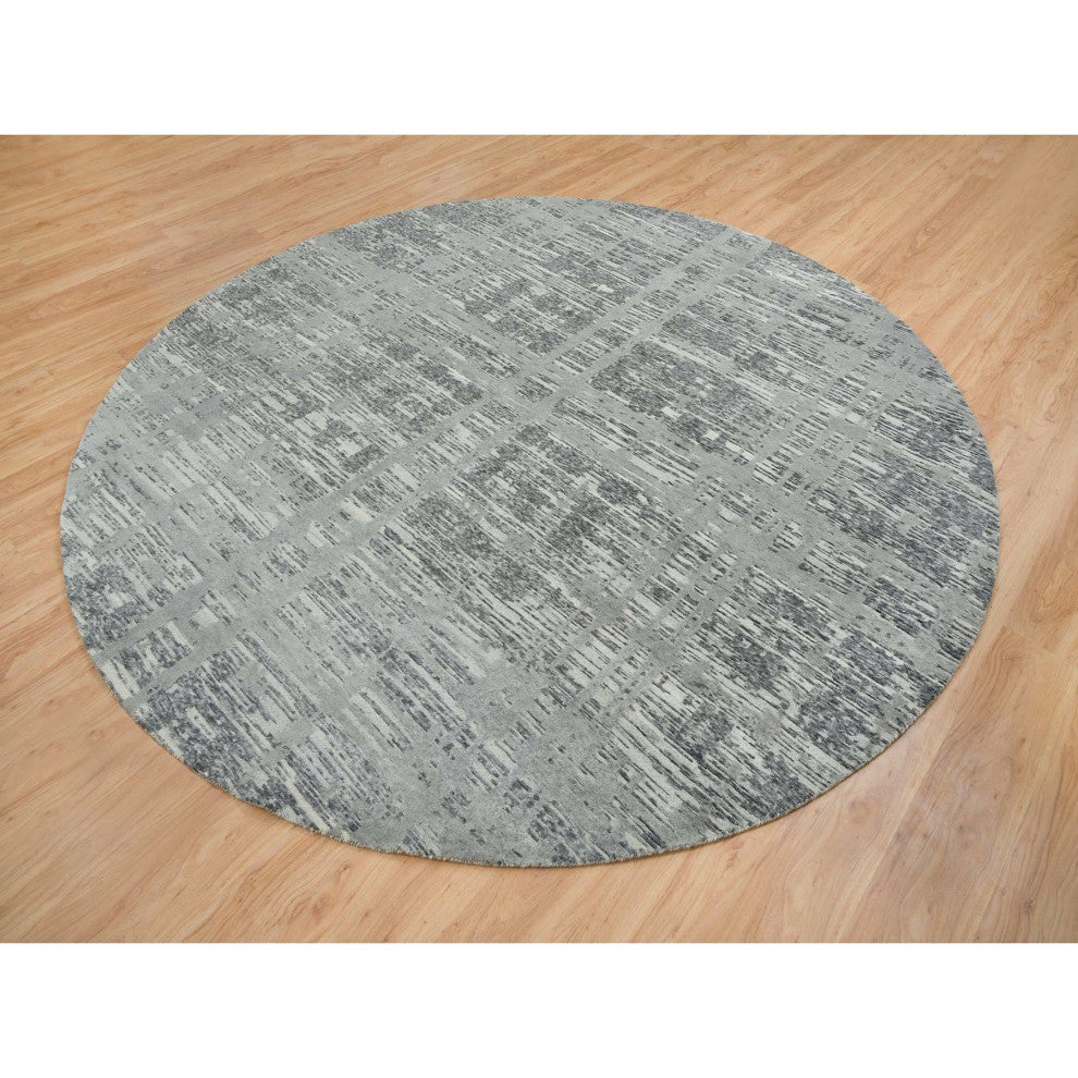 Dark Gray Hand Spun Undyed Wool,Hand Knotted,Round Oriental Rug, 10'1"x10'1"