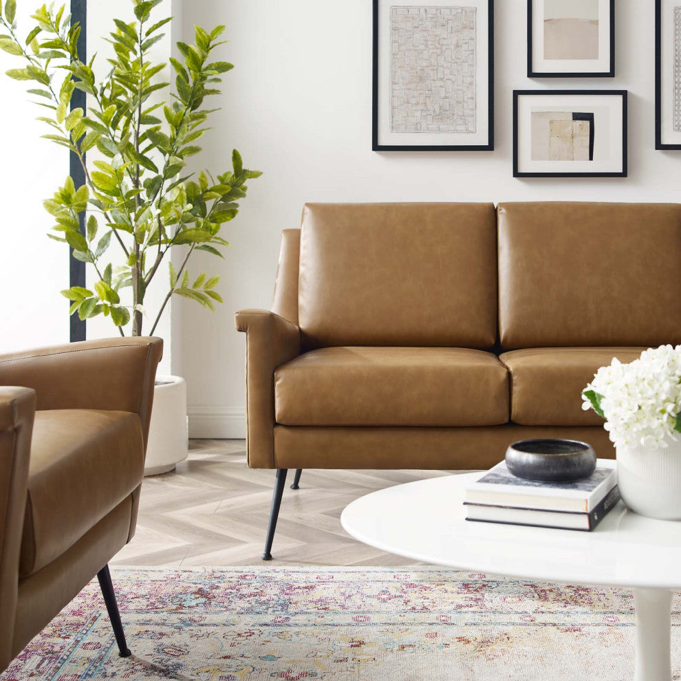 Sofa, Faux Vegan Leather, Black Tan, Modern, Living Lounge Hotel Hospitality