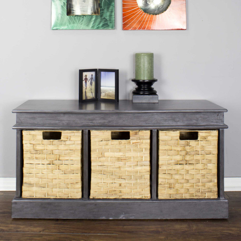 HomeRoots 40" X 13" X 20" Gray MDF Rattan Skin Storage Bench With Baskets