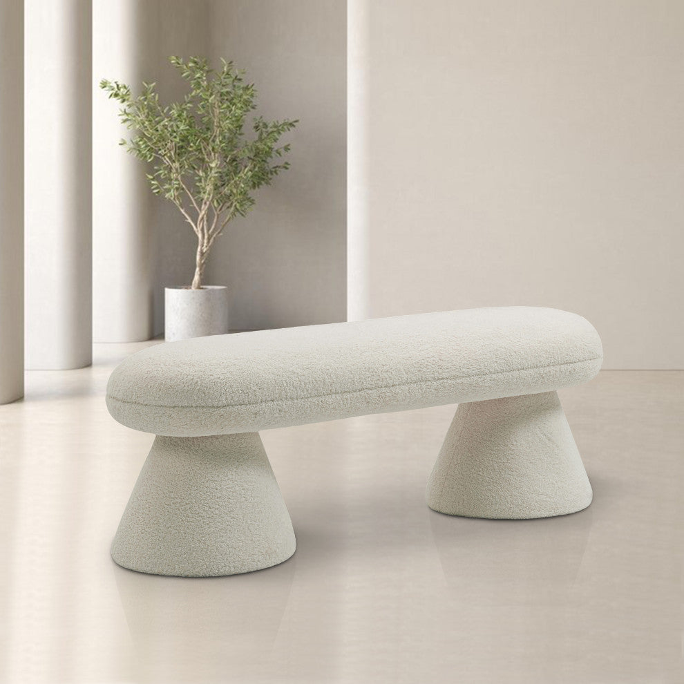 Drum Faux Shearling Teddy Fabric Upholstered Bench, Beige